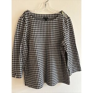 Talbots Womens Zip Shoulder Tunic Top Women's Sz L Black Houndstooth 3/4 Sleeve